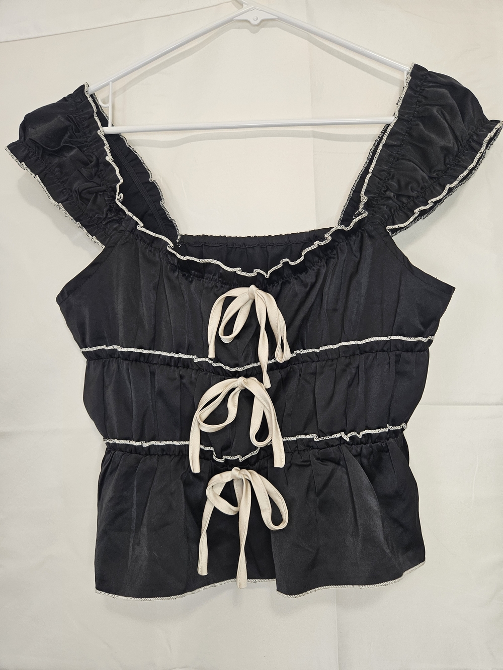 Cider Black Ruffle Tie-Front Blouse with Cream Ties Whimsigoth Peasant Farmhouse